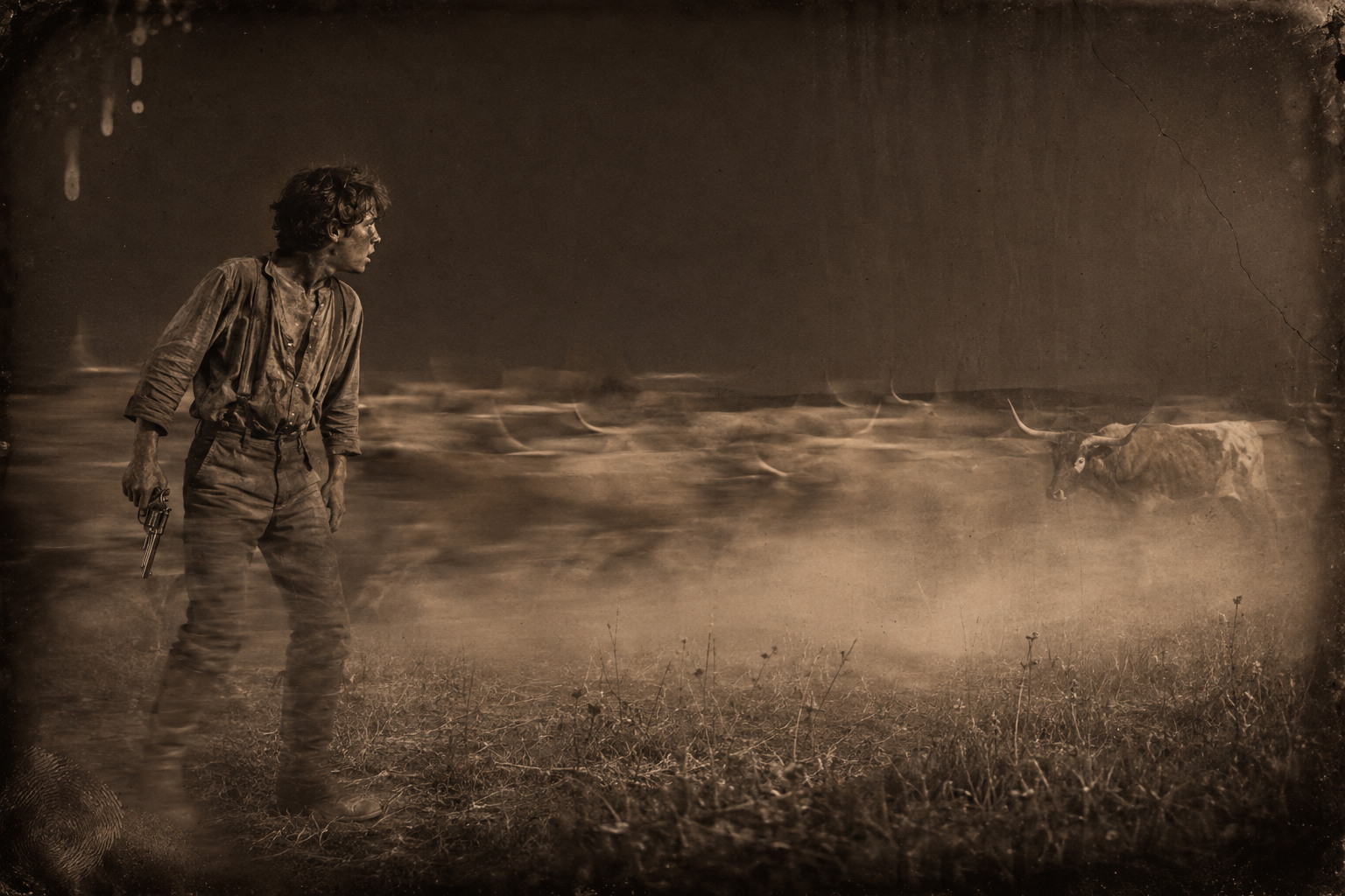 Woken by the drumming and running for his horse, Newt is passed at close quarters by fifty or sixty stampeding cattle heading for the bluffs.