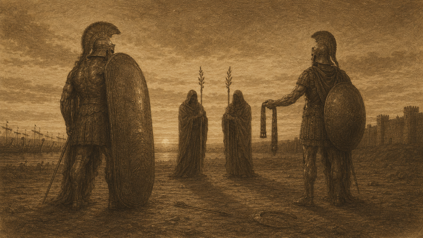 Pen-and-ink: Hector Duels Ajax; the Greek Wall Is Built