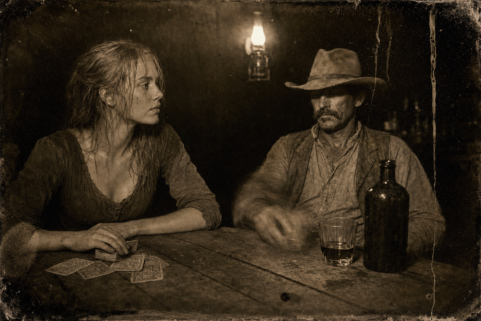 Jake sits down at Lorena's table and sets a glass in front of her; she watches him closely to see whether she is the cause of his sulk.