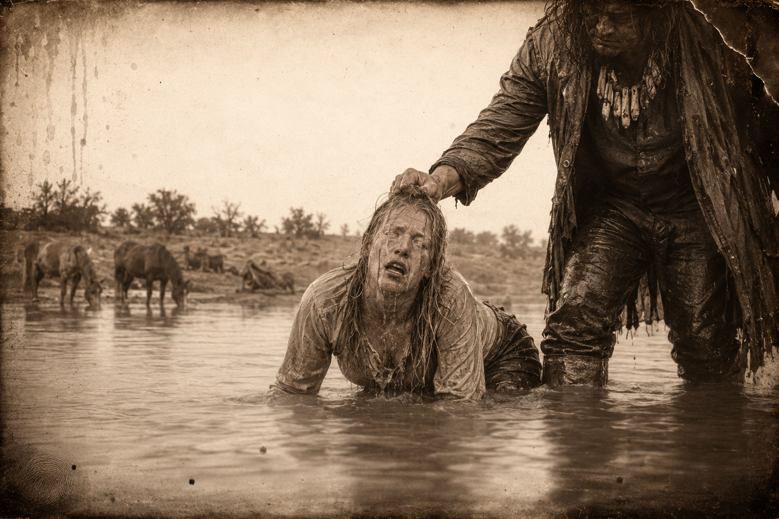 At the sizeable stream she crawls in and gulps until he wades in beside her, hauls her up by the hair and tells her she'll founder.
