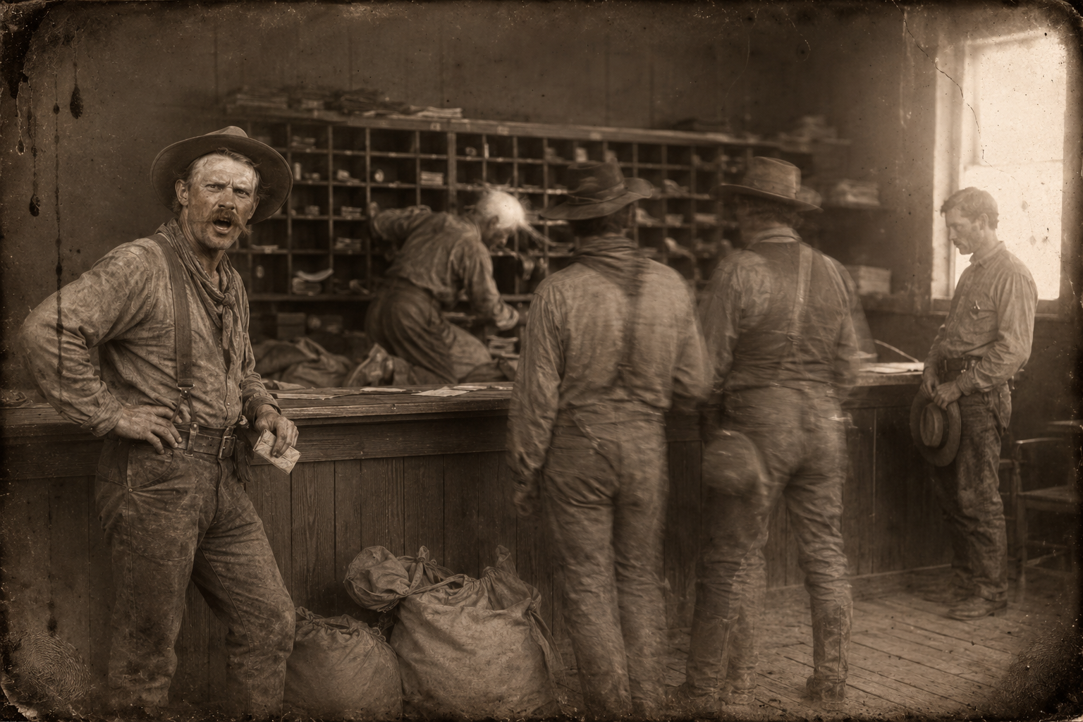 The old clerk scratches through pigeonholes and dusty papers hunting July's letter while three cowboys wait, and the one with the red moustache loses his patience.