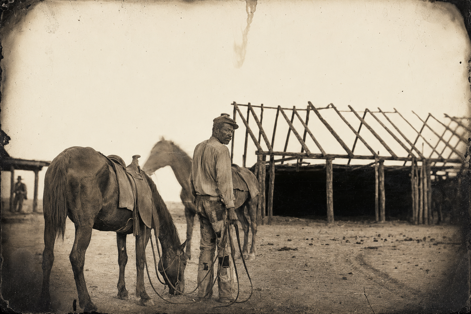 Deets leads the two horses off toward the roofless barn to give the gant bay a good feed, his quilt trousers snagged and trailing cotton ticking.