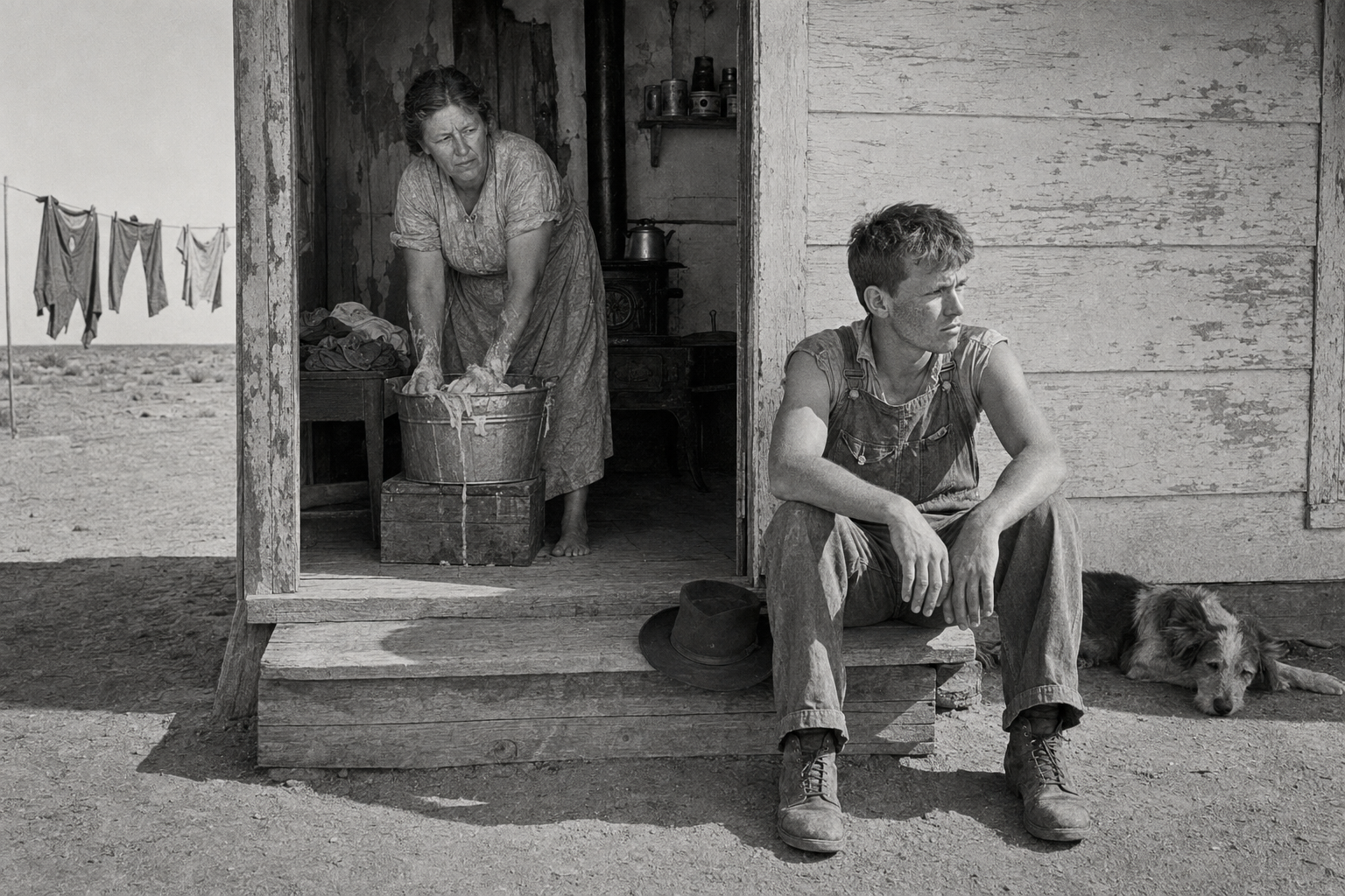 Ma at the wash bucket, Tom on the doorstep