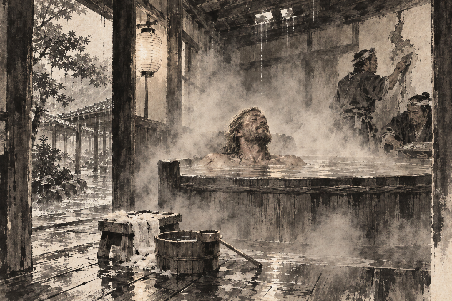 Omi's bath house in the maple grove