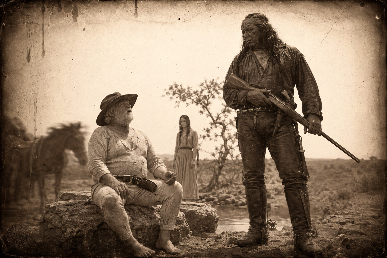 He names himself Blue Duck and stands over the seated Gus with the rifle in the crook of his arm — he was told to kill both Rangers if he killed either, and it is his bad luck Call is gone.