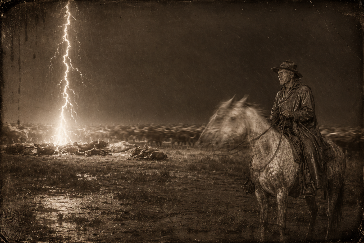Lightning strikes the edge of the herd not a hundred feet from Call, and a portion of the wall of cattle falls to earth like so many bricks.