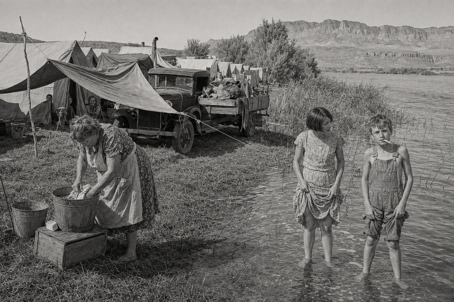 The camp at Needles and the children in the reeds