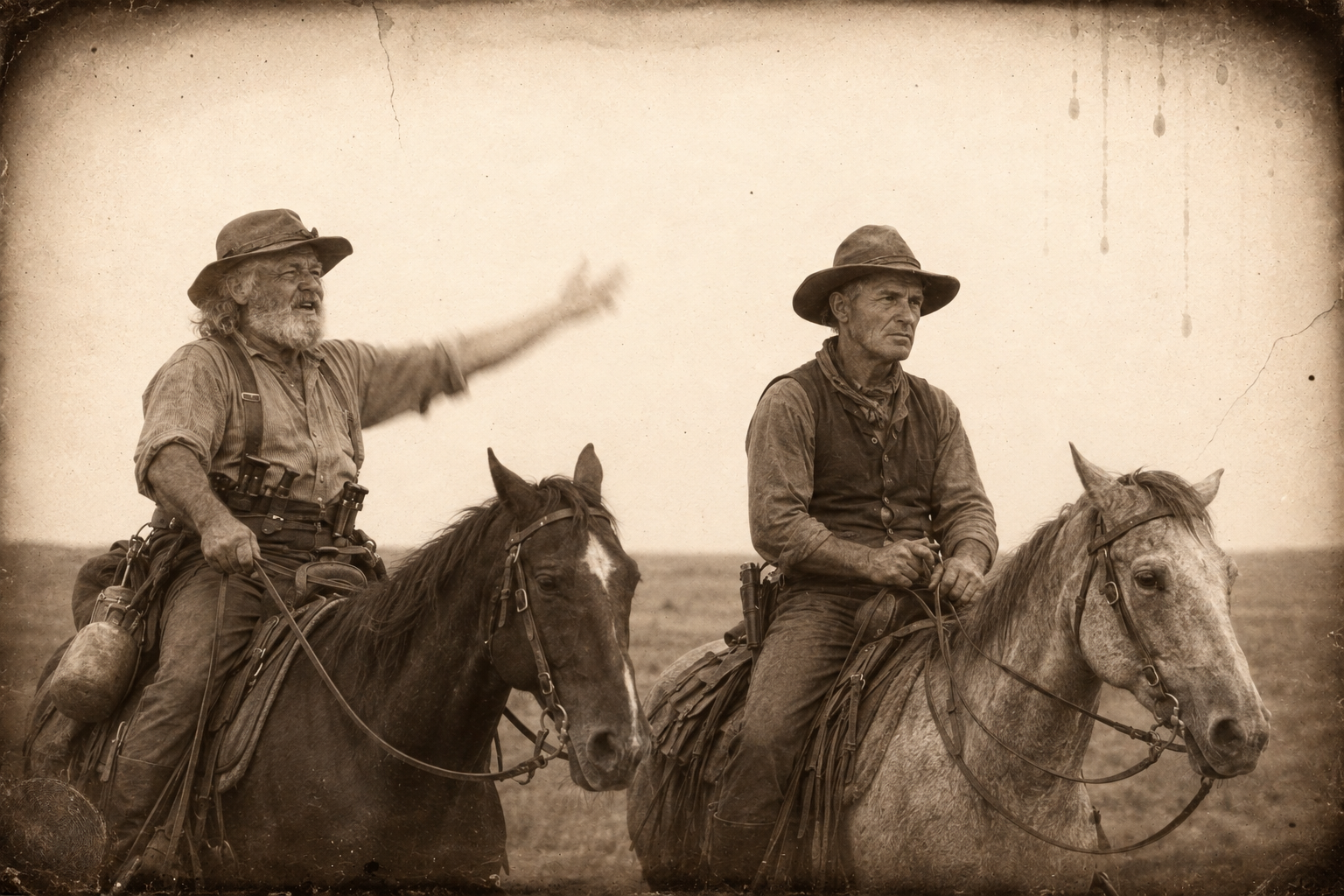 Call and Augustus ride side by side arguing about how far north to go — Call means to cross the Yellowstone, Augustus asks whether he plans to stop before the polar bears.