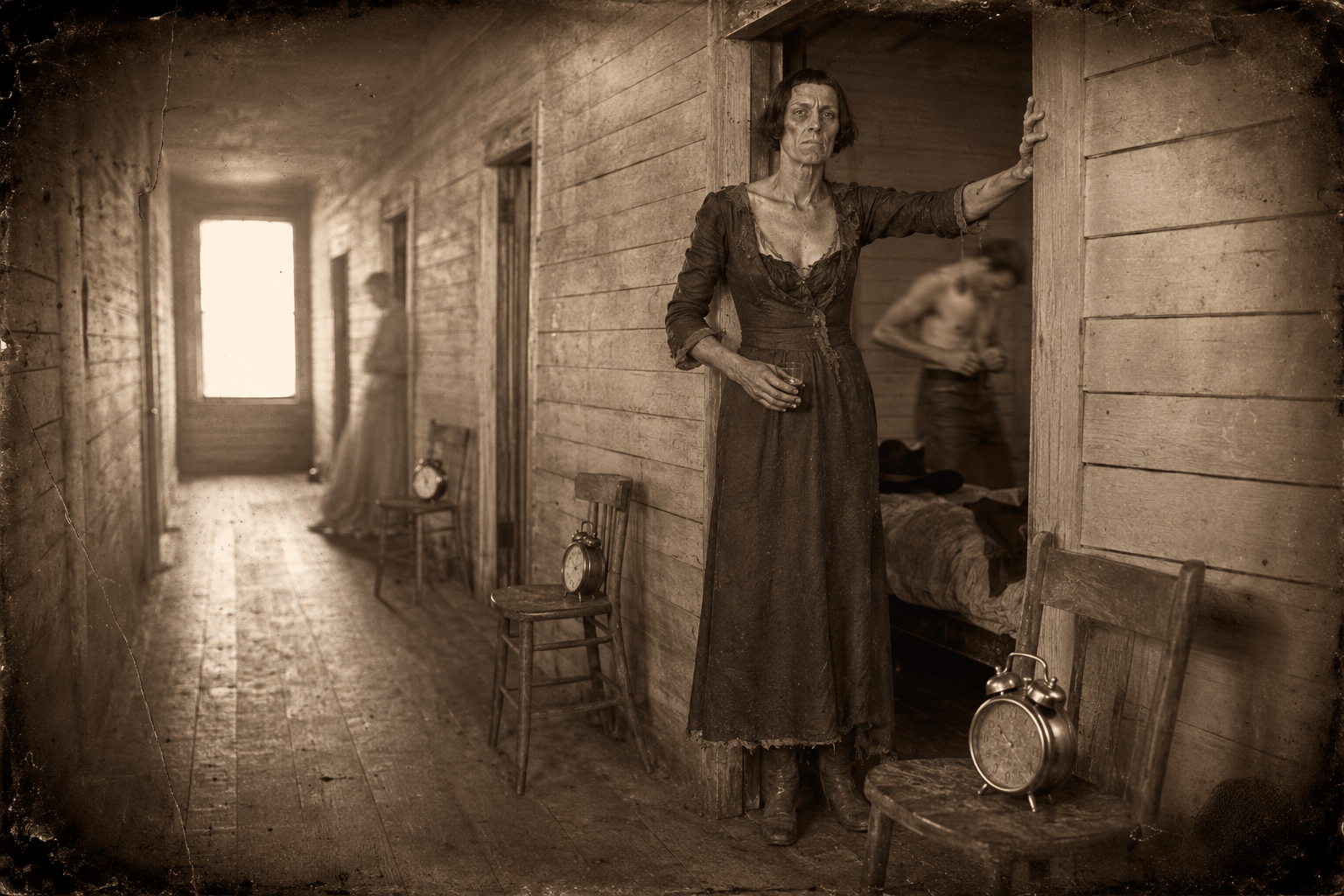 An alarm clock goes off in the upstairs hall and Sally Skull throws the door open and stands watching while the cowboy gets his buttons done.