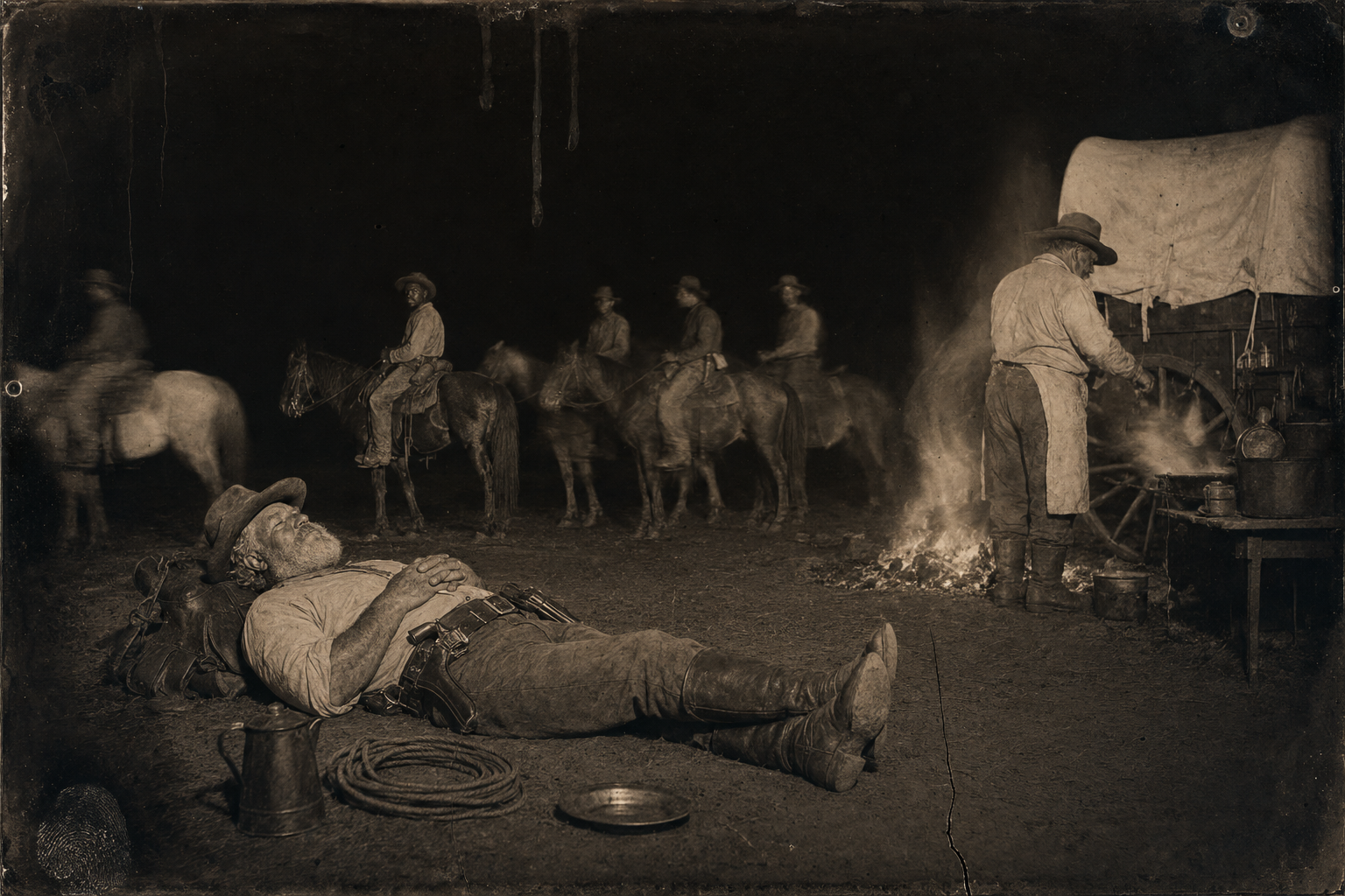 Call rides off toward the river for the last drag into Mexico, taking the invitation for one of Gus's jokes, while Augustus lies back against his saddle under the first stars and Bolivar pees on the fire.