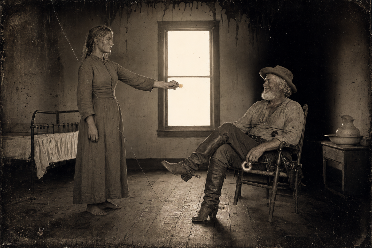 Lorena buttons her dress and hands the ten-dollar gold piece back — it ain't worth ten dollars — and Gus puts it in his pocket and suggests they go down and play cards.