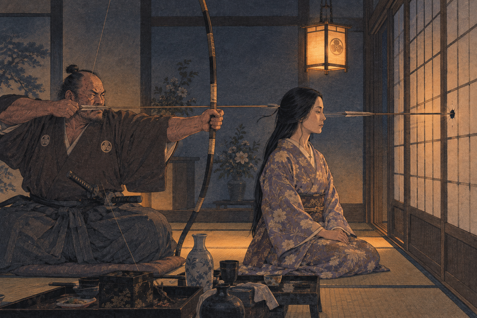 Five arrows past Mariko's face