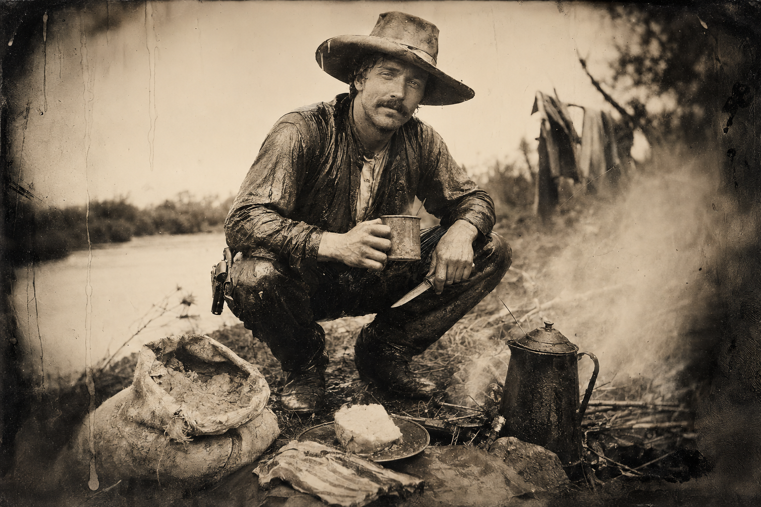 Jake at the breakfast fire in sodden clothes, low-spirited and complaining that he hates to squish with every move he makes, the ruined flour and lumped salt in front of him.