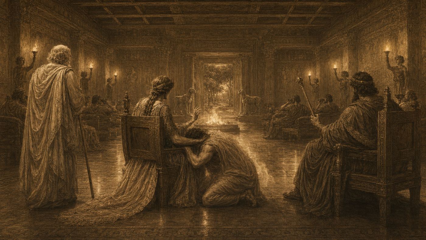 Pen-and-ink: Odysseus at the Palace of Alcinous
