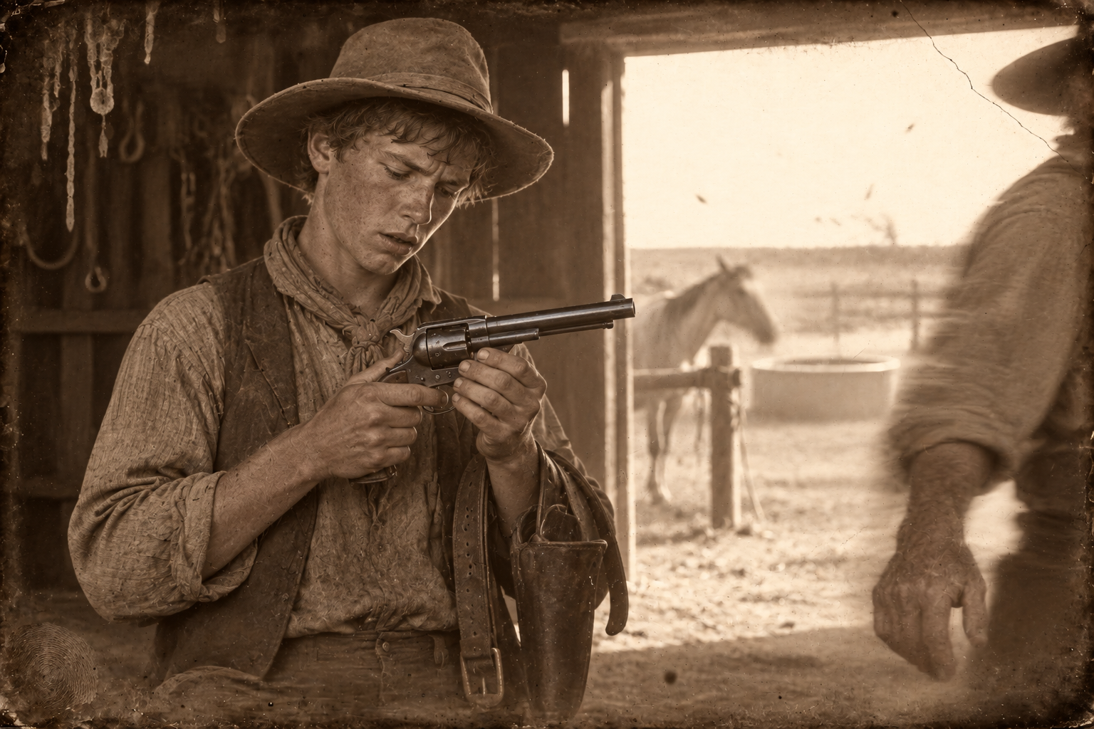 In the barn at the lots, Call hands Newt a holstered pistol and a gun belt, and Newt slips the Colt out and turns the cylinder, listening to the small clear clicks.