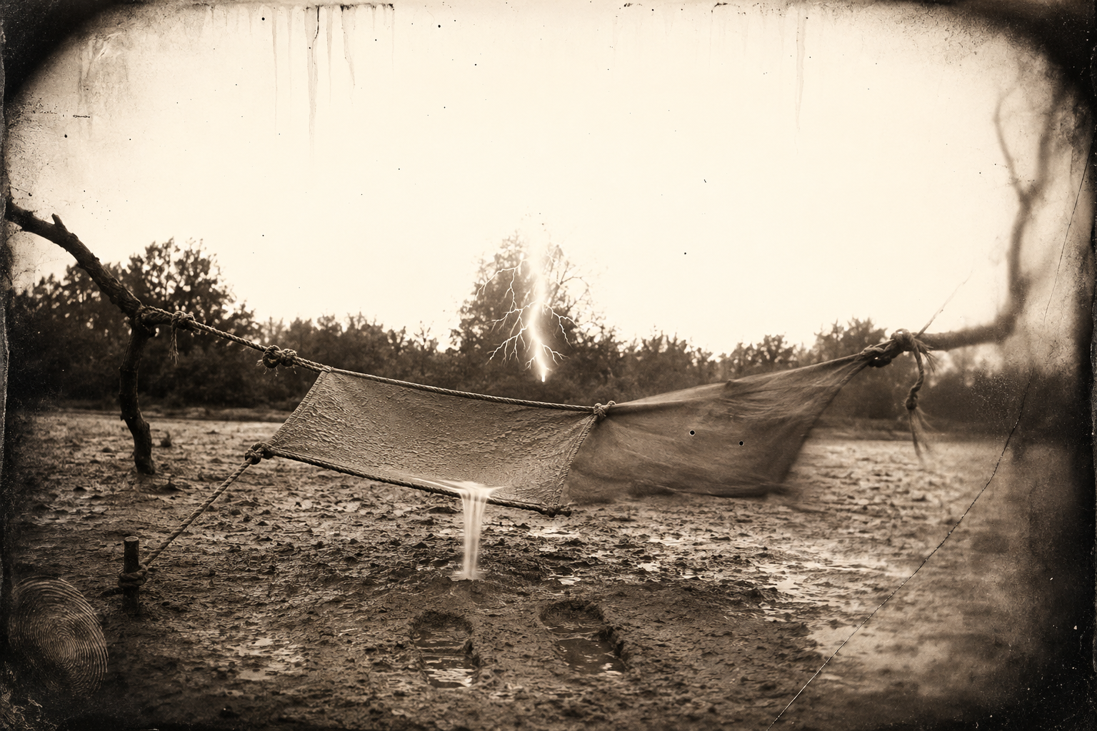 The tarp Jake rigged, too small to cover them, while lightning begins striking in the trees nearby.