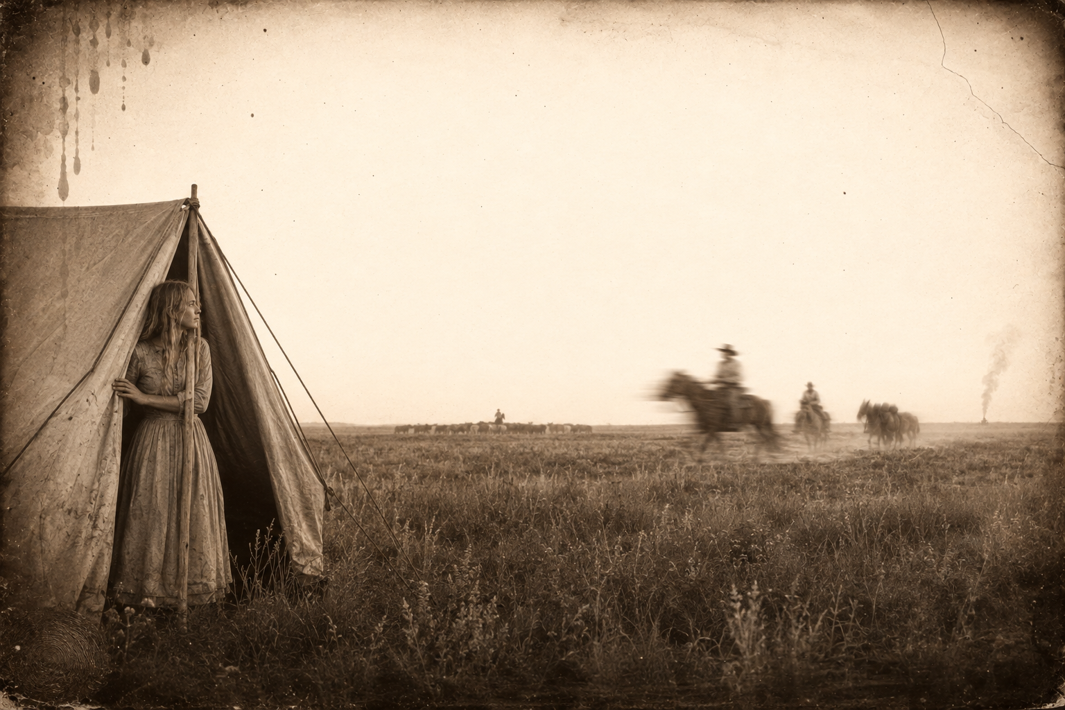Before it is quite dark Lorena hears horses and looks out to see Gus riding toward her.