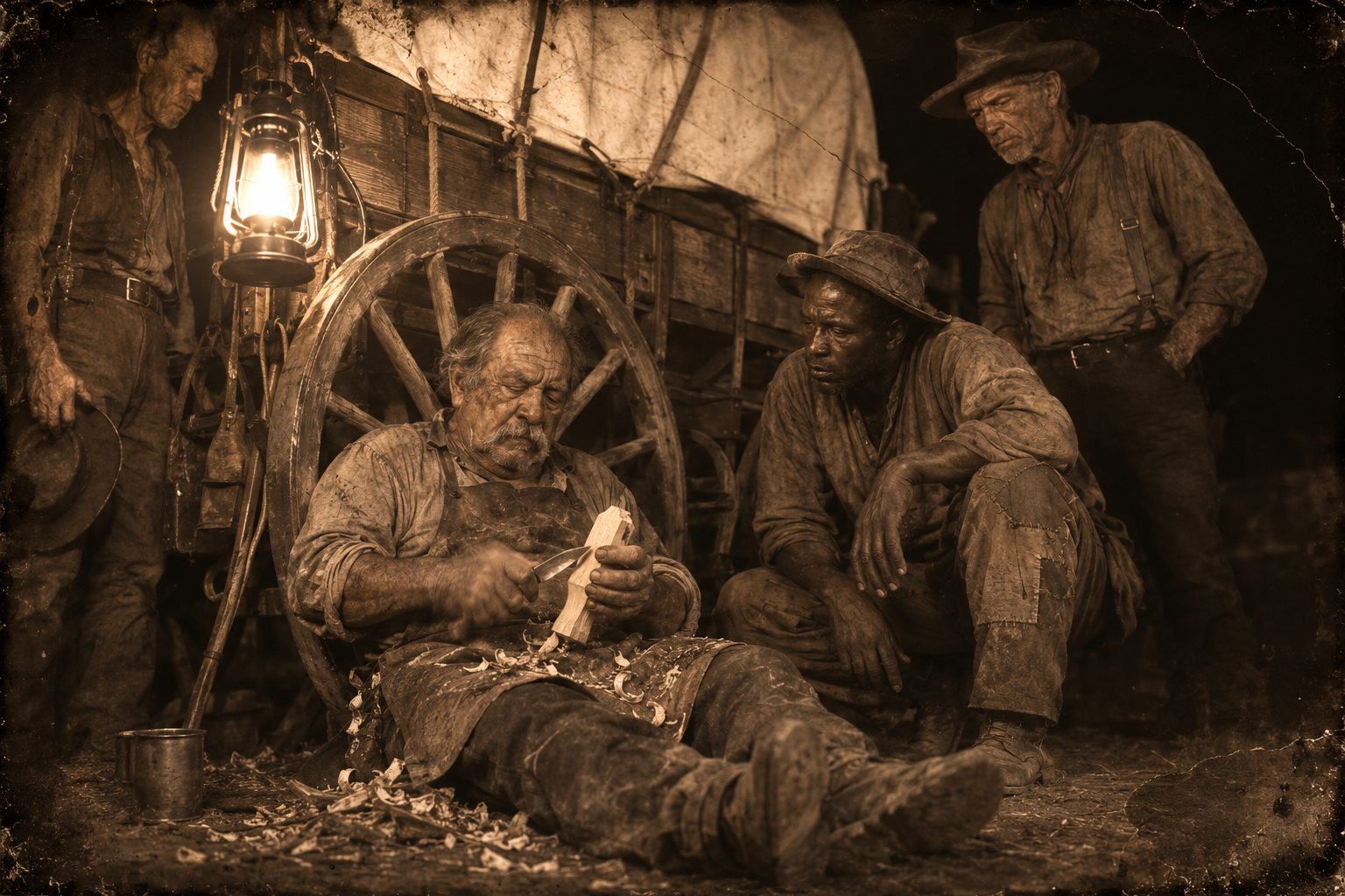 Whittling by the wagon wheel, Po Campo tells Call that Blue Duck killed his three sons on the llano, and that Gus will never catch him.