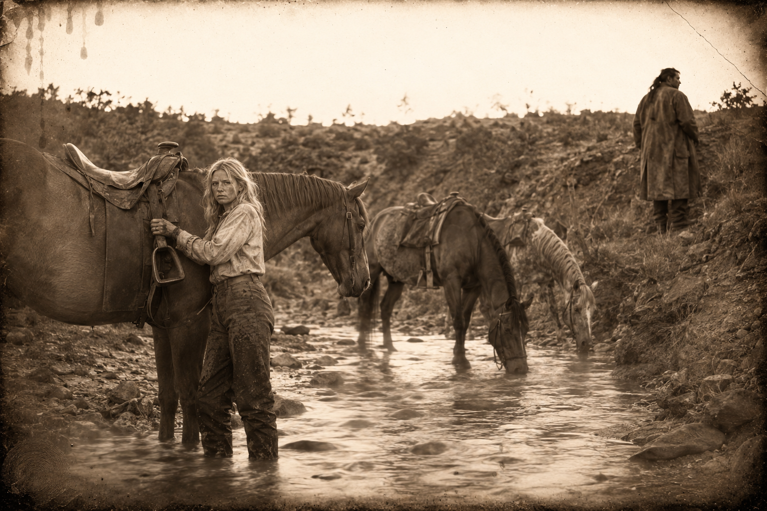 The five-minute dawn stop at the little creek — the horses drink, and Lorena, too frightened to drink or squat, holds on to a stirrup until feeling comes back in her legs.