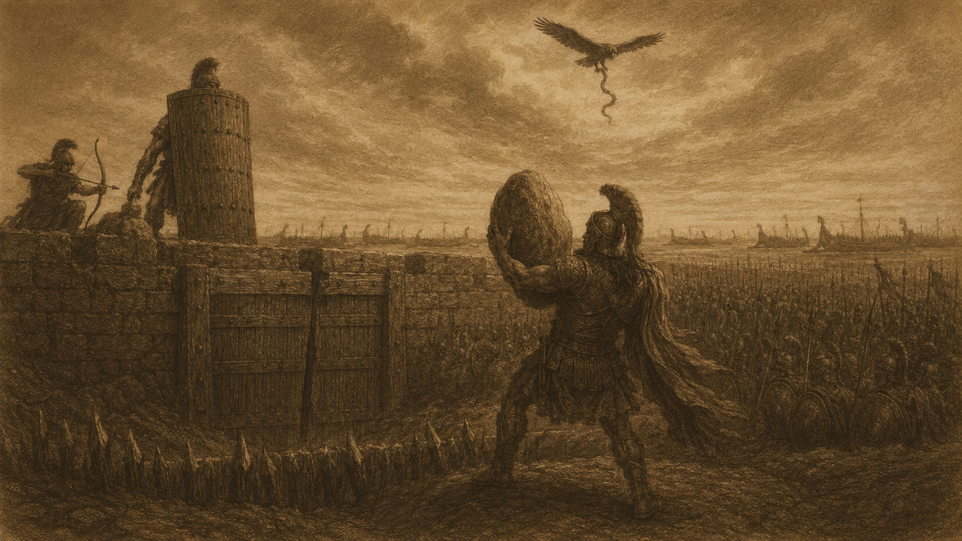 Pen-and-ink: Battle at the Wall; Hector Breaks the Gate