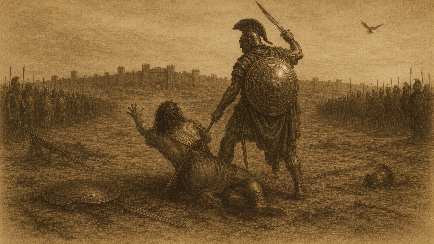 Pen-and-ink: The Duel of Aeneas and Turnus; the Poem's Abrupt Close