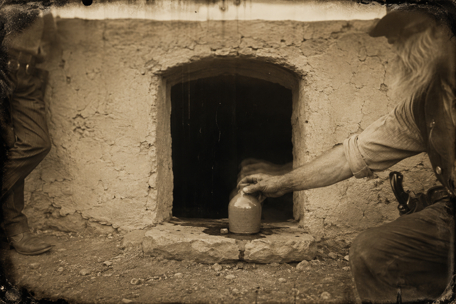 At the springhouse — empty of rattlesnakes for once — Augustus brings out the whiskey jug and hands it to Jake, the guest.