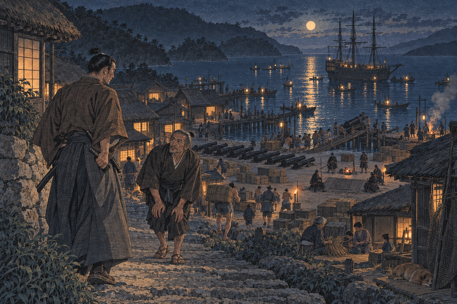 The silent village unloading by lamplight