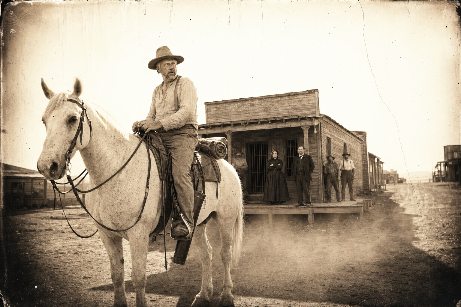 The next morning Roscoe rides out of Fort Smith on the big white gelding Memphis, certain he is looking his last on the town, while the citizens watch him go without worry.