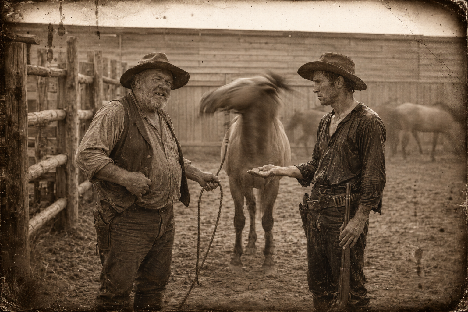In Dodge, in clothes still wet from swimming the Arkansas, July buys a third horse from a half-drunk old trader who tells him he isn't getting anywhere very fast.