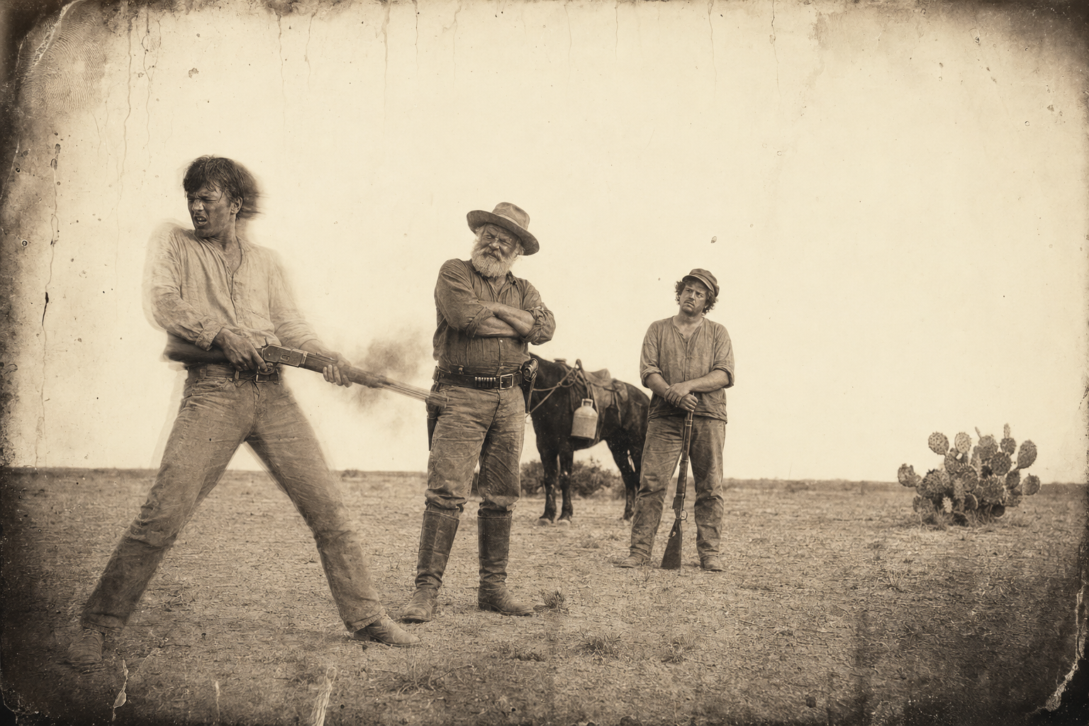 Augustus hands each Irishman a Winchester and makes them shoot at a cactus; Sean, who has never held a gun, is frightened by the flat crack of it.