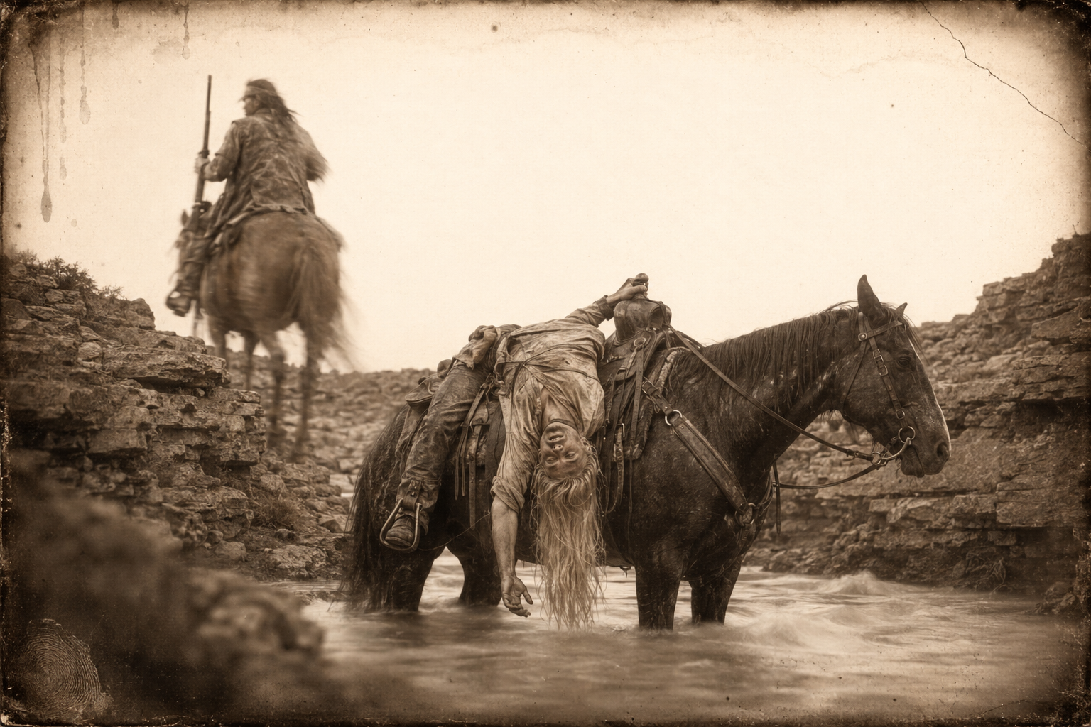 The day of thirst — crossing yet another creek, she leans down out of the saddle to catch water in her hand and cannot reach it.