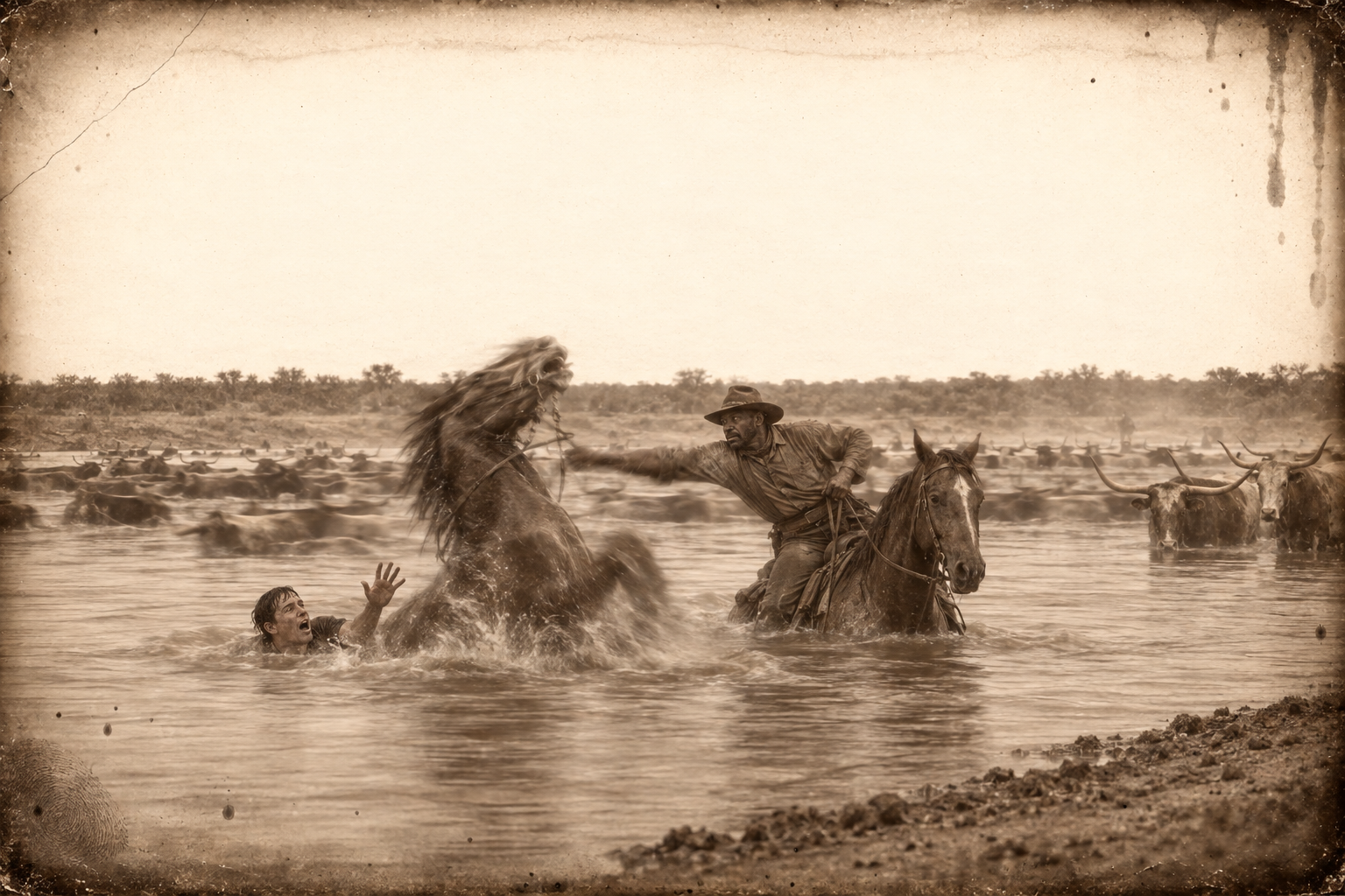 Dish Boggett's horse goes mad in midstream and nearly paws him under; Deets drives back into the water and fights the animal off long enough for Dish to reach the bank.