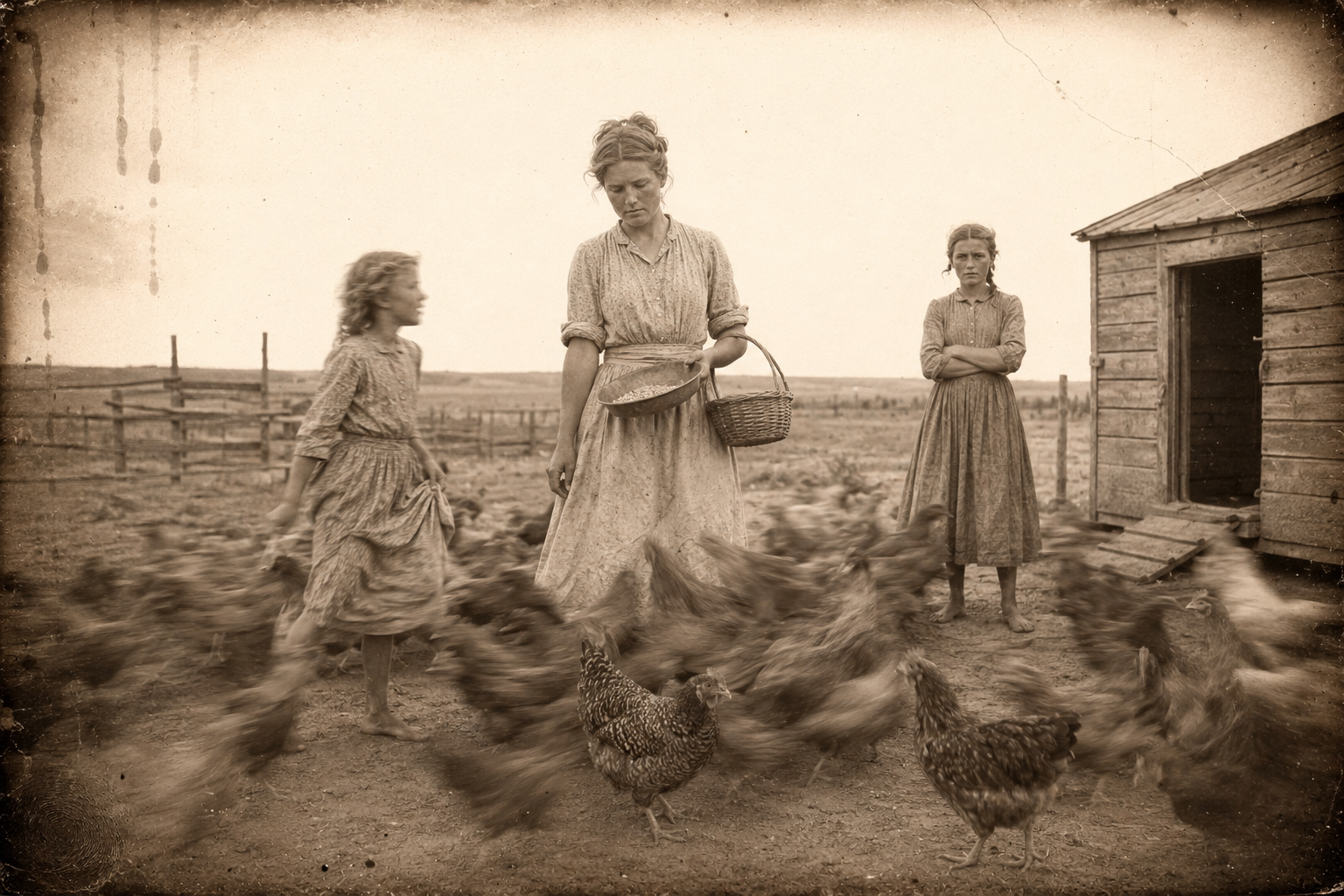 Lorena feeds Clara's hens in the yard while Sally and Betsey trail after her asking questions she answers untruthfully.
