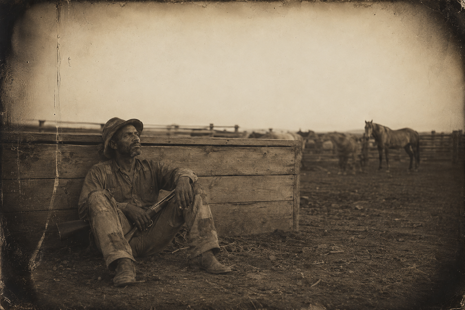 Deets has seated himself against the big water trough with his rifle across his lap, content to be let alone.