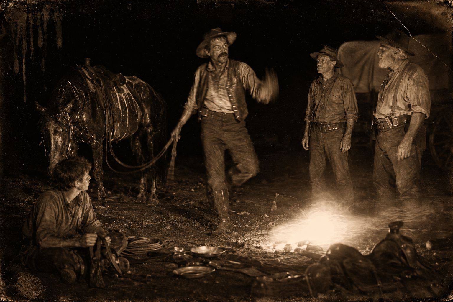 Jake Spoon gallops in half drunk, jumps down off a lathered horse and asks whether Lorie is there.