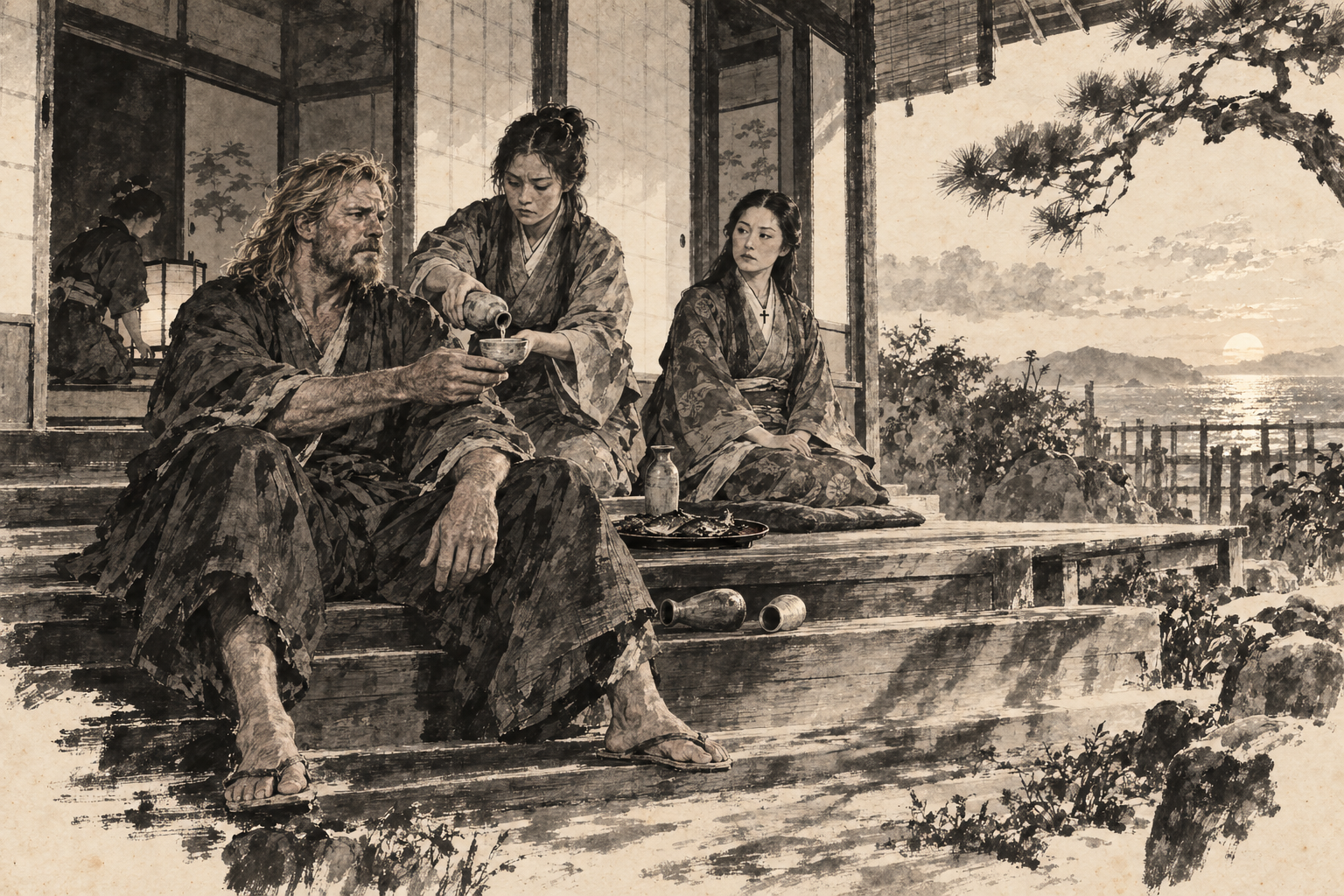 Saké in a teacup on the steps