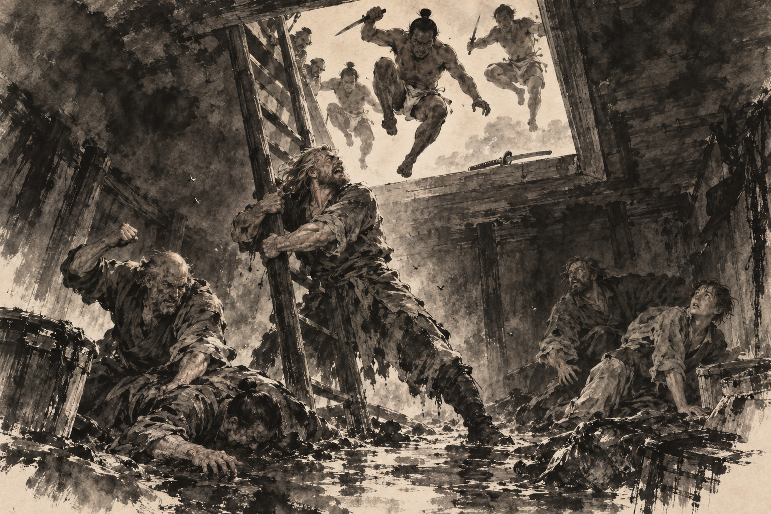 Knife-men drop through the sky door