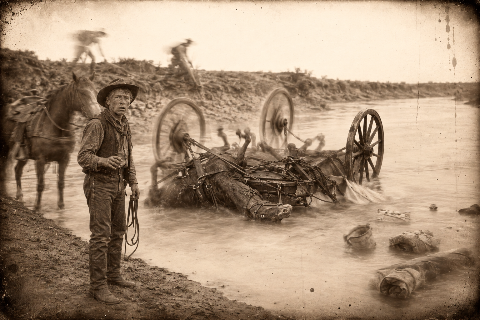 The wreck — the wagon over the cutbank, upside down in the creek with all four wheels spinning in the air and the mules fallen backwards on top of it.