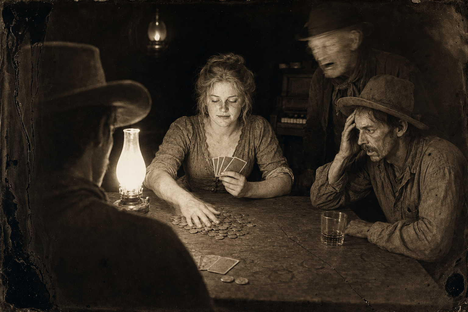 Lorena wins hand after hand while Dish, mesmerised by her bare white arms, plays away three months' wages.