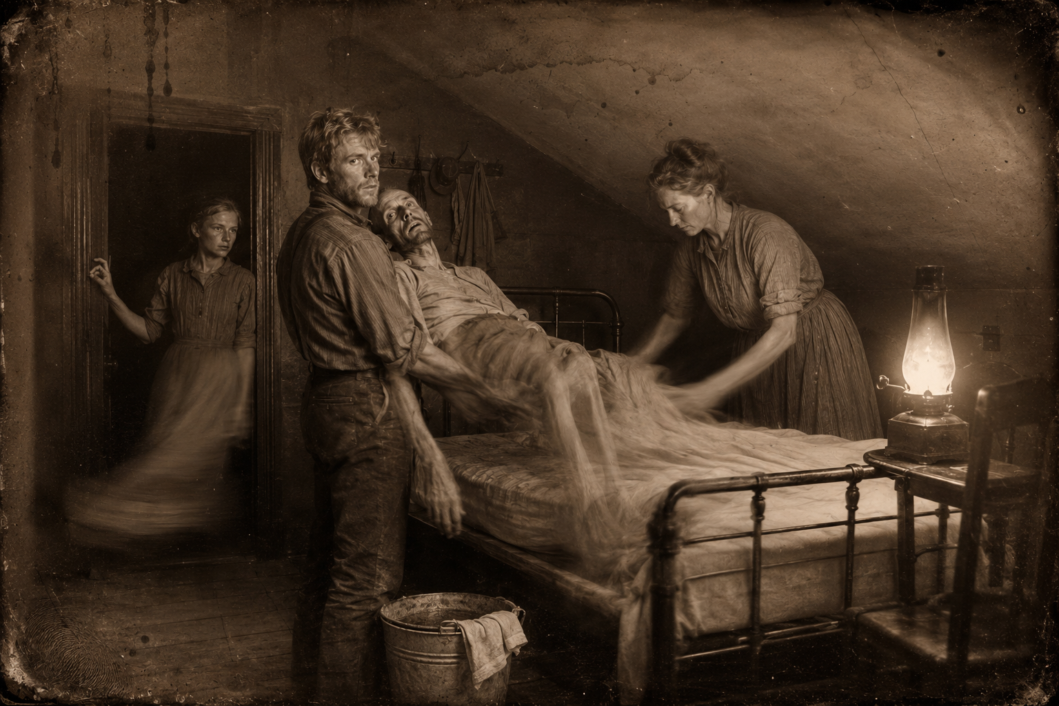 By lantern light July lifts Bob's wasted body while Clara strips the bedding, and Sally brings the bucket to the door.