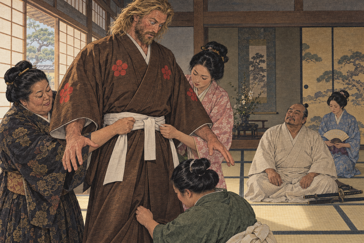 The kimono with five scarlet crests