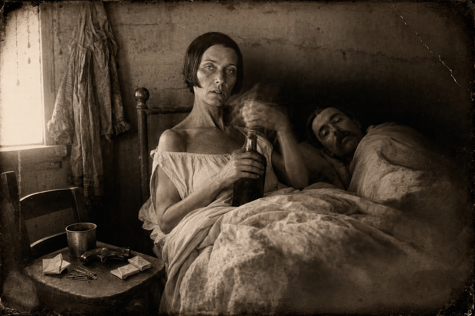 First light in Sally's room — she pulls the cork out of the whiskey bottle she keeps by the bed, green eyes still wide from the powders.