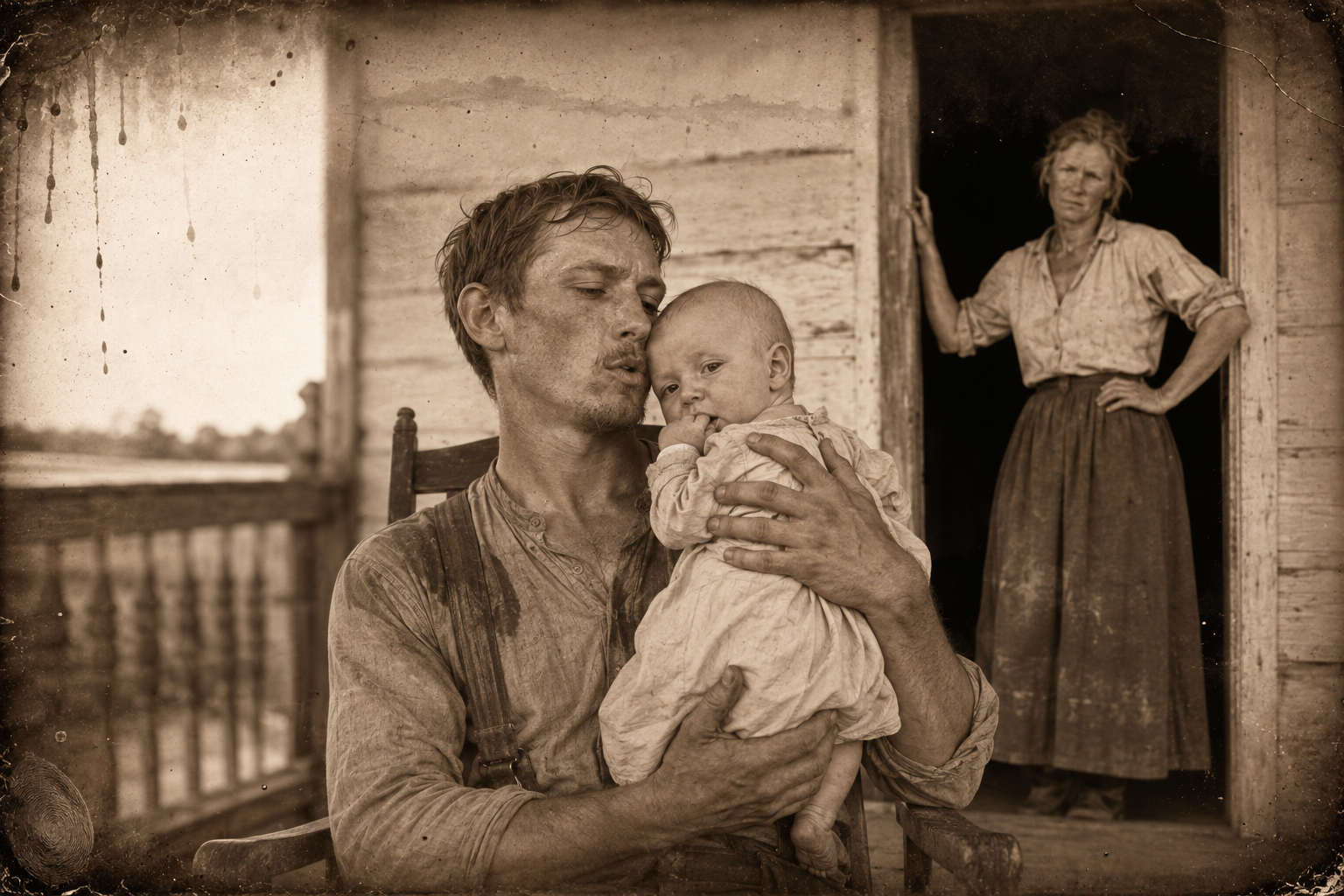 Told to put the child against his shoulder because he isn't a newspaper, July hums "Lorena" until the baby goes quiet and slobbers on his shirt, Clara watching from the doorway.
