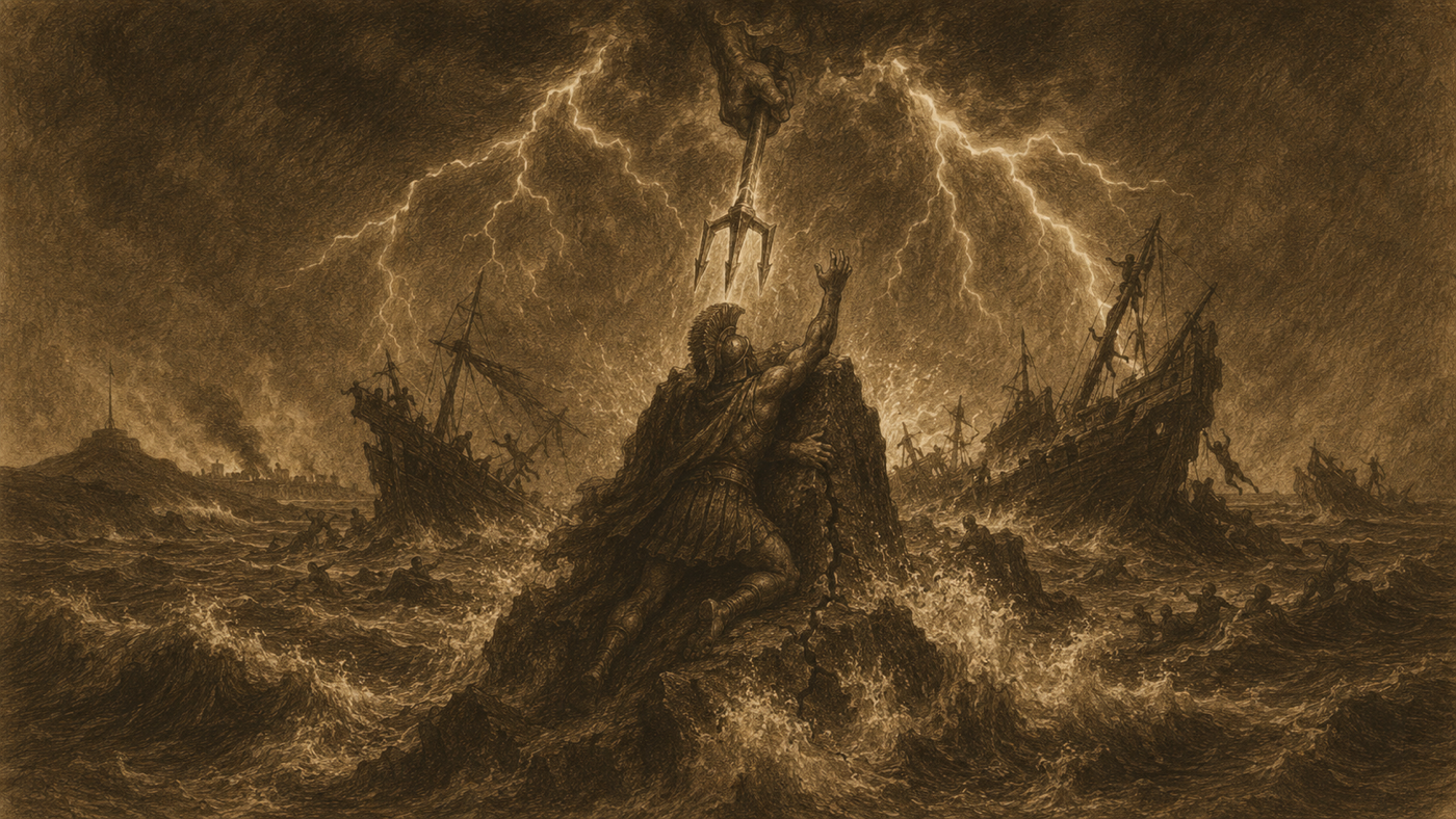 Pen-and-ink: The Greek Departure; the Storm at Sea
