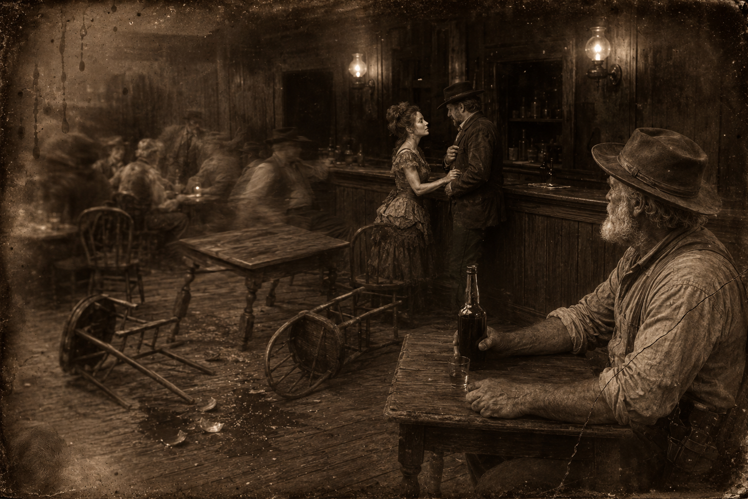 Knocked across a table and given twenty dollars, Nellie has the bartender change it and goes straight over to make her peace with Shaw while Augustus watches from his table.