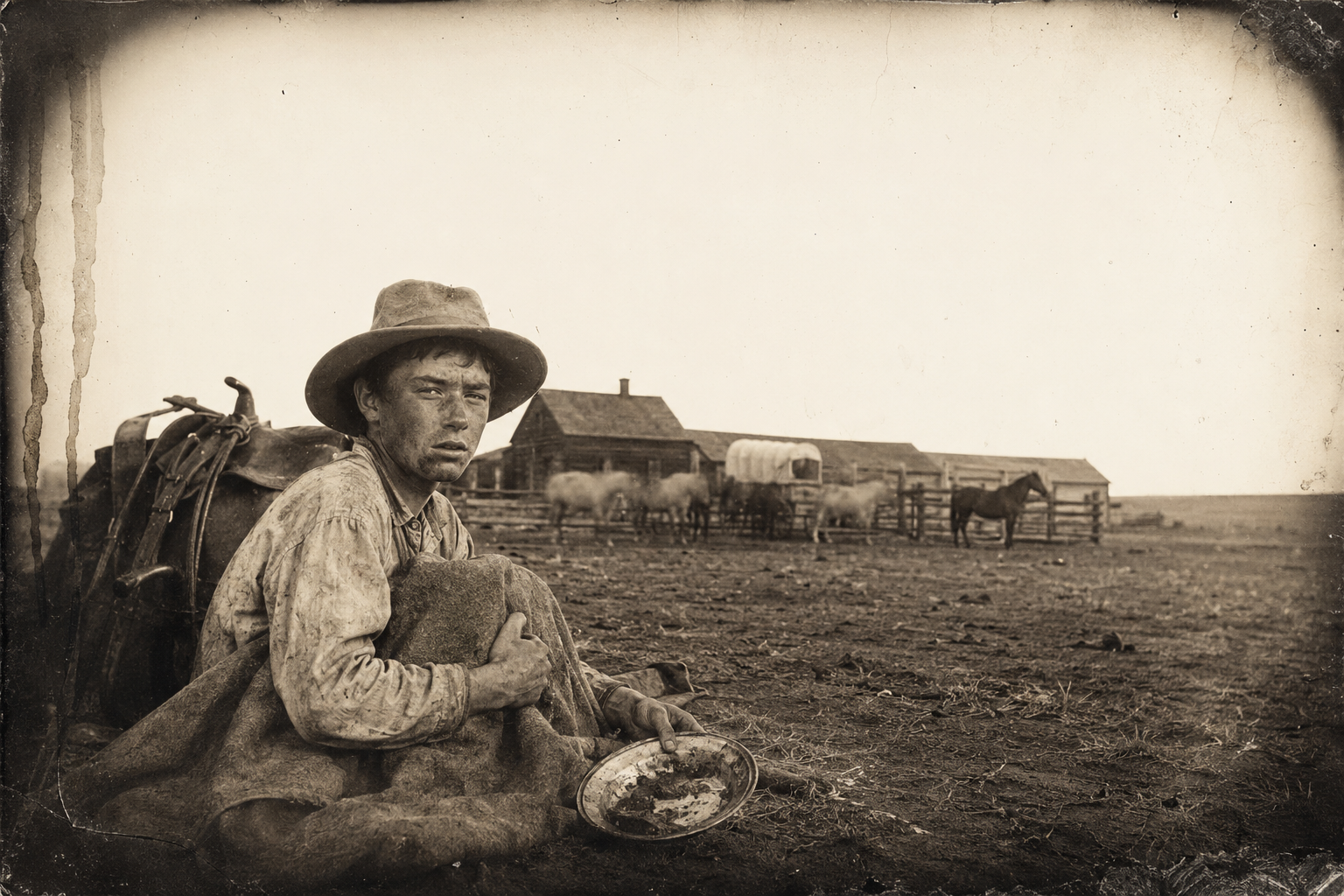 First light on the last day in Lonesome Dove — Newt, too excited to have slept or eaten, sits up in his blanket with the food gone cold beside him.