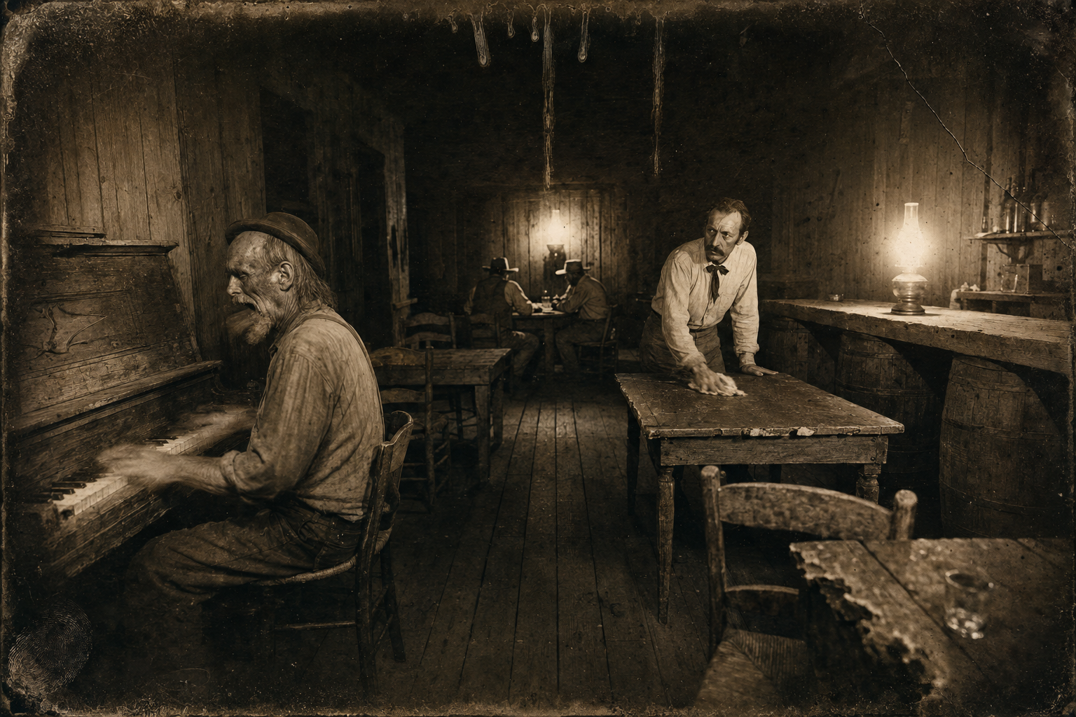 Augustus steps inside to find everyone peeved: Lippy hammering "My Bonnie Lies Over the Ocean" at the piano while Xavier Wanz wipes his tables with a wet rag.