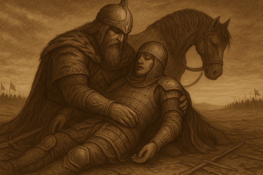 Rostam holding the dying Sohrab in his arms on the dust of the battlefield, the bracelet falling from the young man's hand.