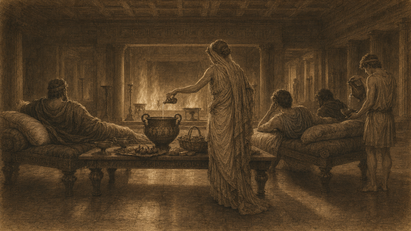 Pen-and-ink: Menelaus and Helen at Sparta
