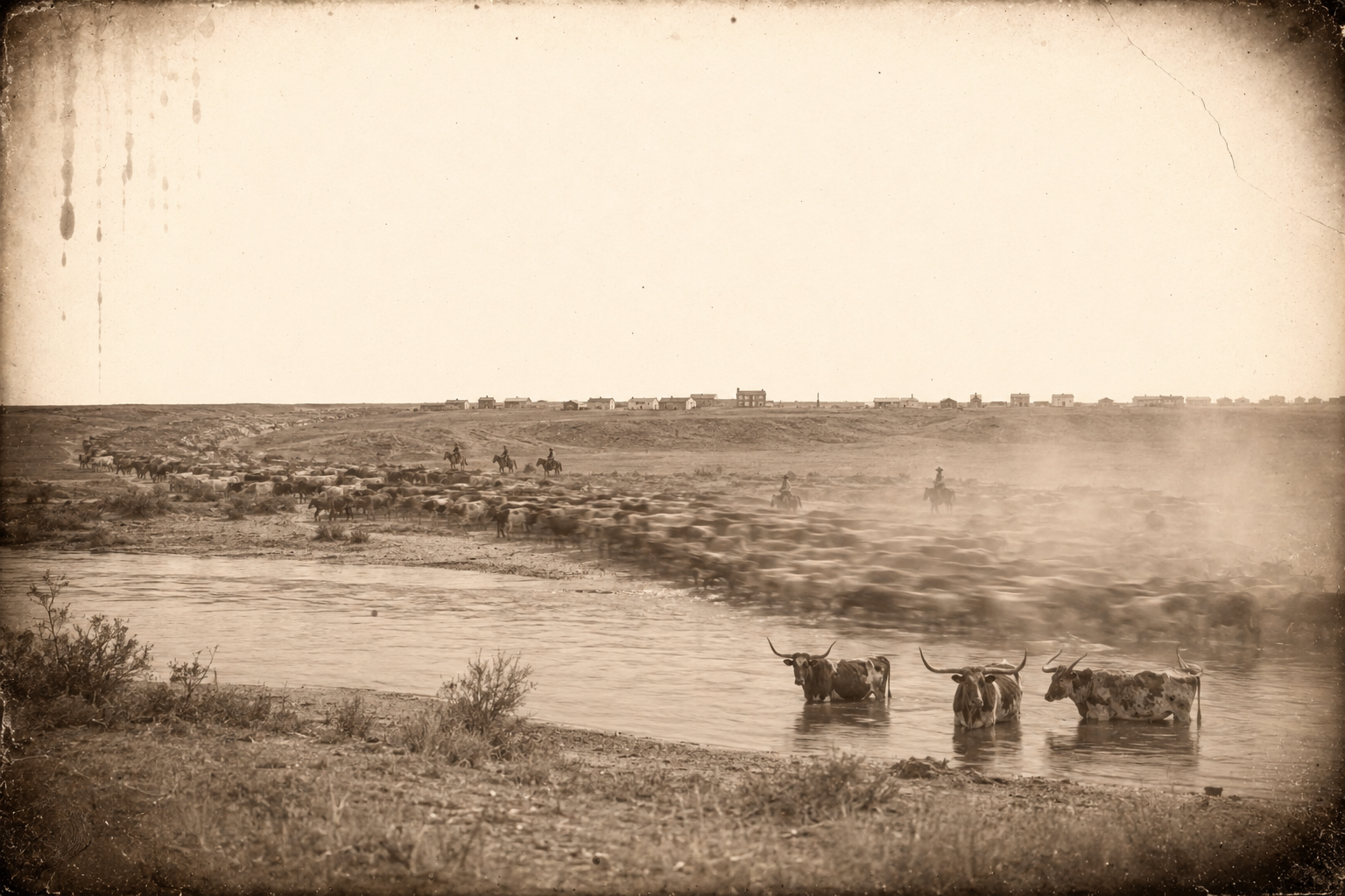 The herd crosses the Platte east of Ogallala and turns northwest, the town's shacks and frame buildings showing on the slopes beyond.